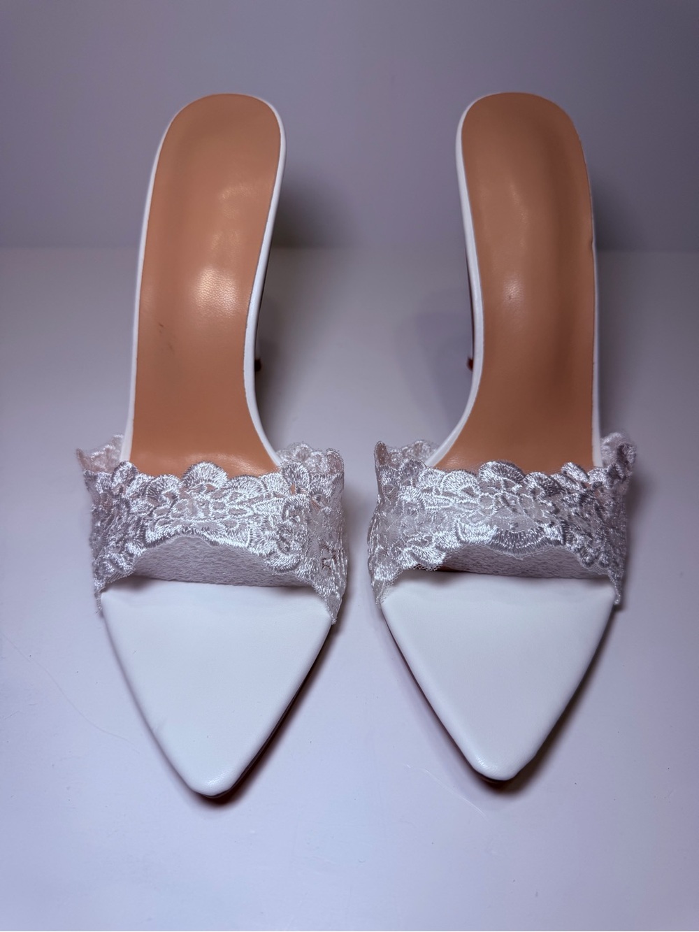 Women's White Lace Pointed Toe Slide Heels Size 40